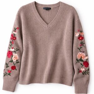 American Eagle Floral Embroidered Sleeve Sweater Ribbed Knit V Neck Large